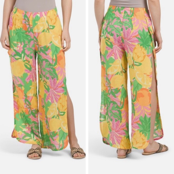 C&C California Pants - C&C California Vibrant Floral and Lemon Print Wide-Leg Pants - Size XL